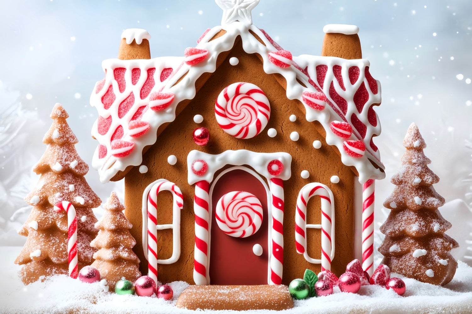Lebkuchenhaus-Fotohintergrund Schnee-Bonbons Pfefferminz Weihnachts-Fotohintergrundideen LXX59-178