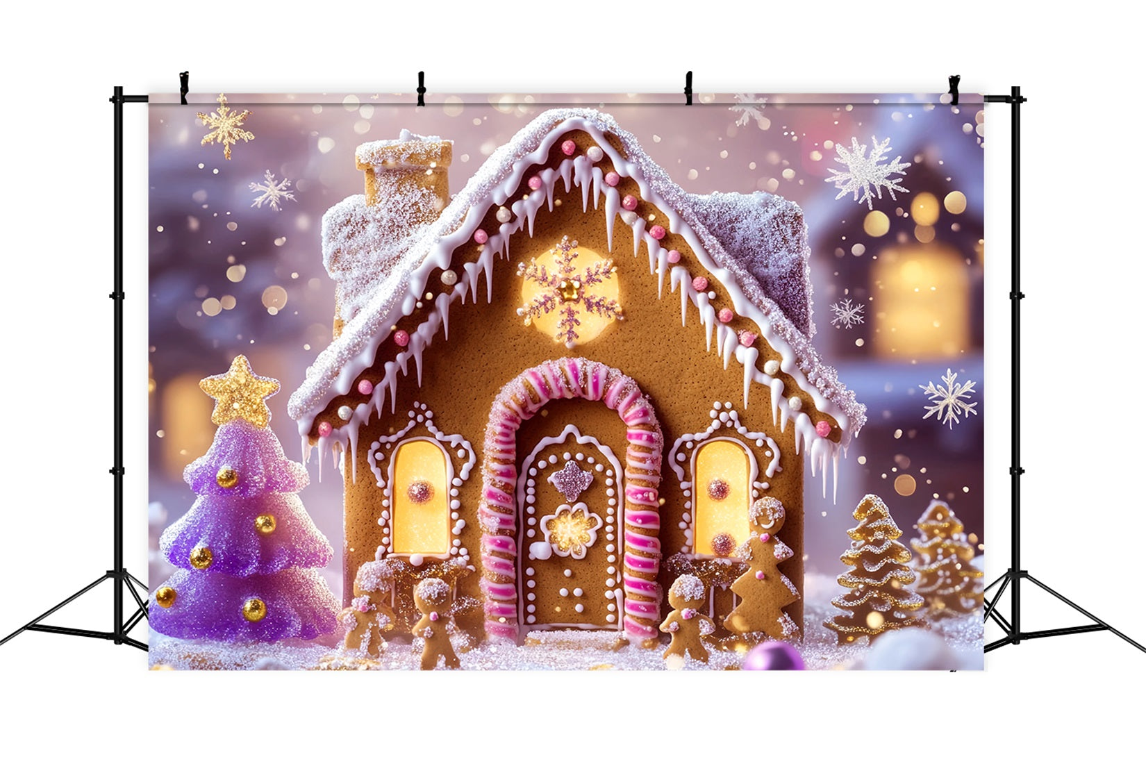 Lebkuchenhaus-Fotohintergrund Glitzernde Lebkuchenhäuschen Lichter Weihnachts-Hintergründe LXX59-179