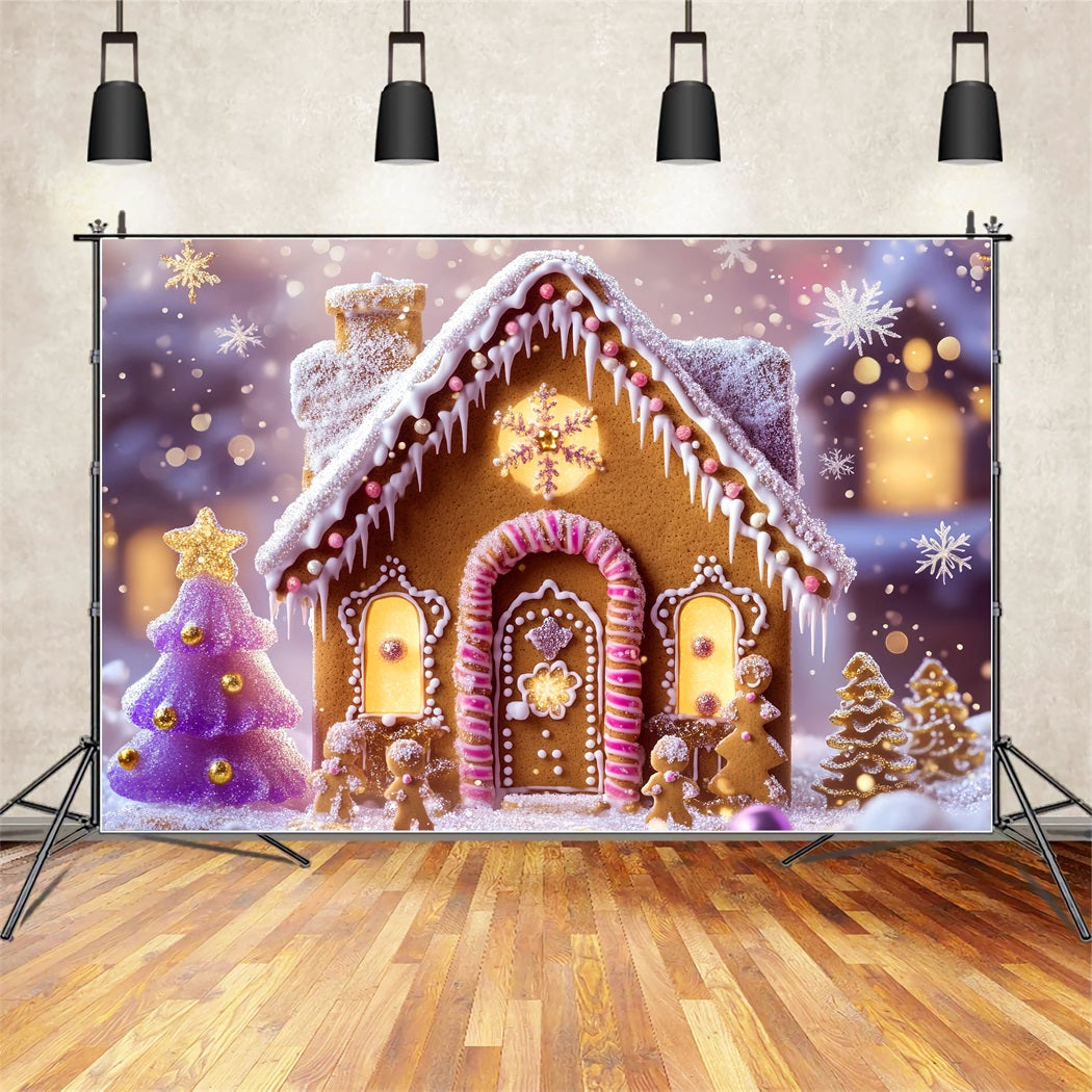Lebkuchenhaus-Fotohintergrund Glitzernde Lebkuchenhäuschen Lichter Weihnachts-Hintergründe LXX59-179