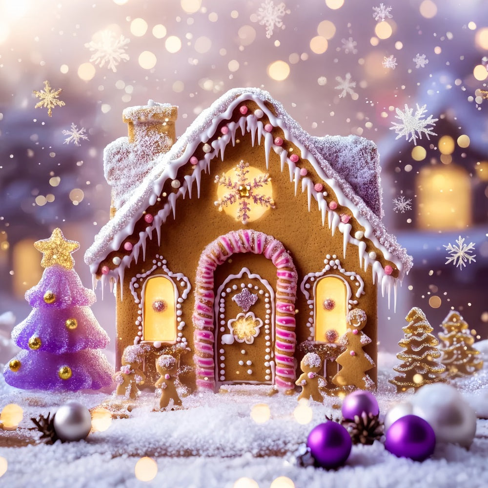 Lebkuchenhaus-Fotohintergrund Glitzernde Lebkuchenhäuschen Lichter Weihnachts-Hintergründe LXX59-179