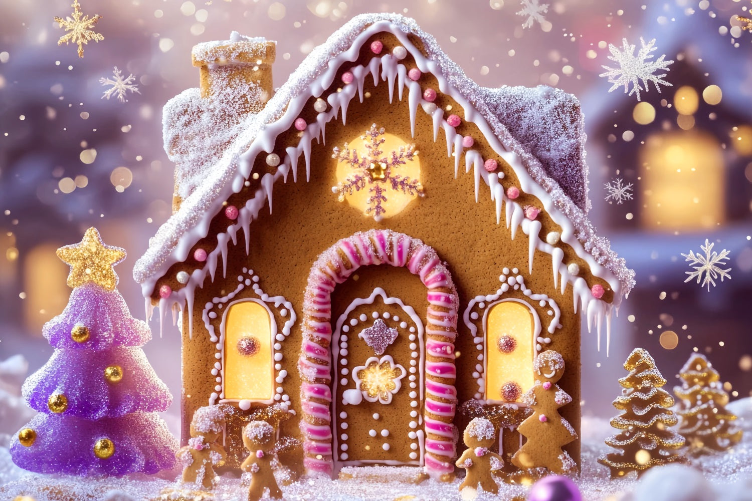 Lebkuchenhaus-Fotohintergrund Glitzernde Lebkuchenhäuschen Lichter Weihnachts-Hintergründe LXX59-179