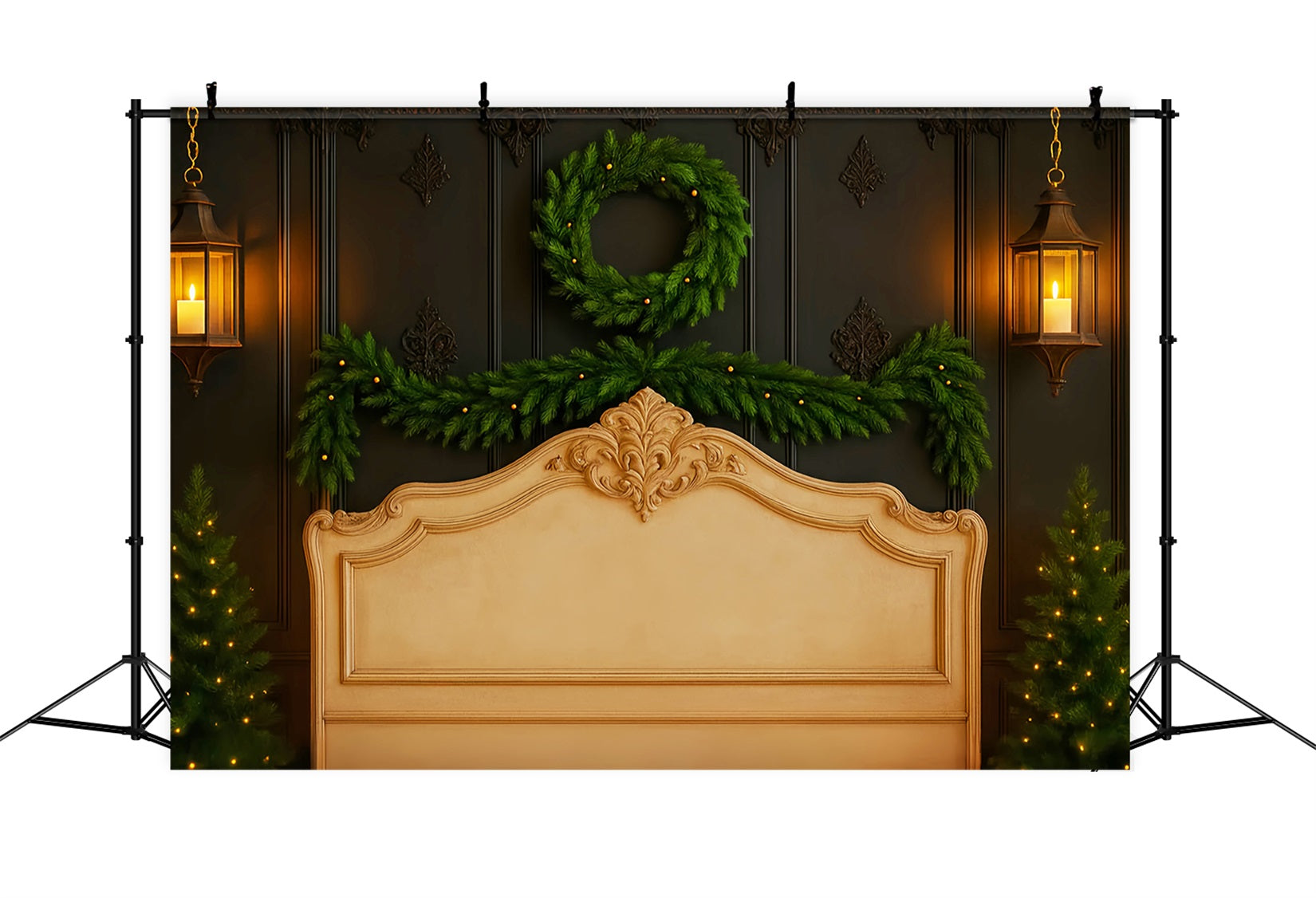 Kopfteil-Fotohintergrund Elegante Girlande Kranz Wand Professionelle Weihnachtshintergründe LXX59-180