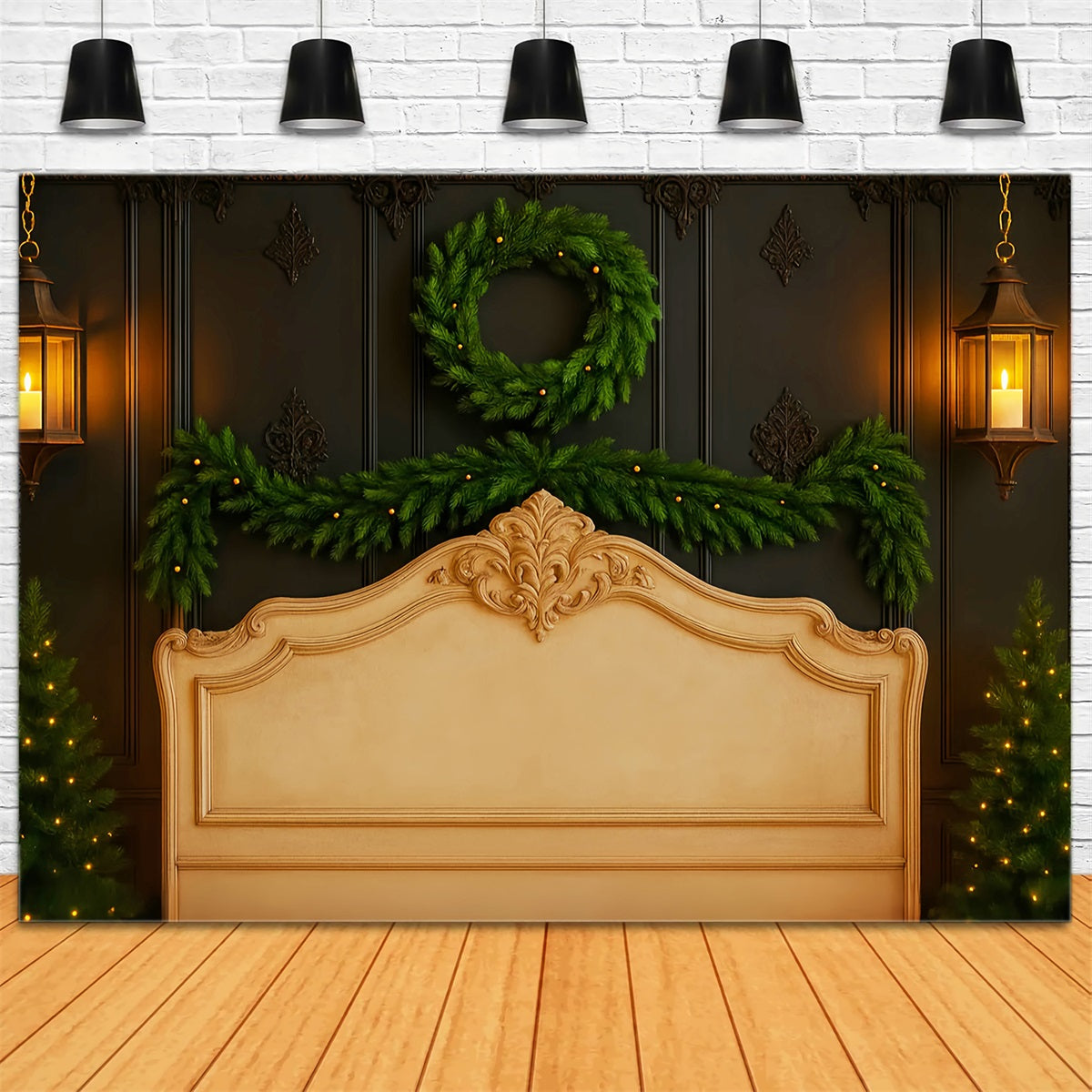 Kopfteil-Fotohintergrund Elegante Girlande Kranz Wand Professionelle Weihnachtshintergründe LXX59-180