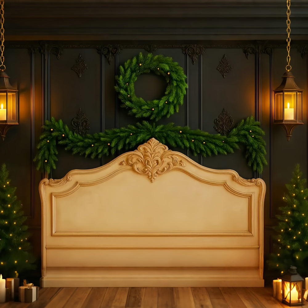 Kopfteil-Fotohintergrund Elegante Girlande Kranz Wand Professionelle Weihnachtshintergründe LXX59-180