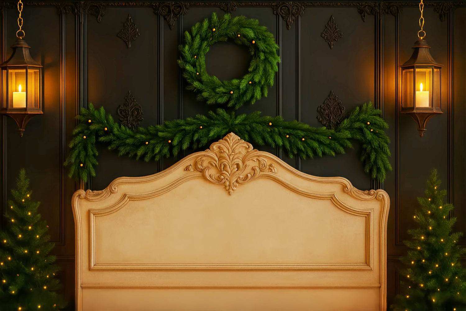 Kopfteil-Fotohintergrund Elegante Girlande Kranz Wand Professionelle Weihnachtshintergründe LXX59-180