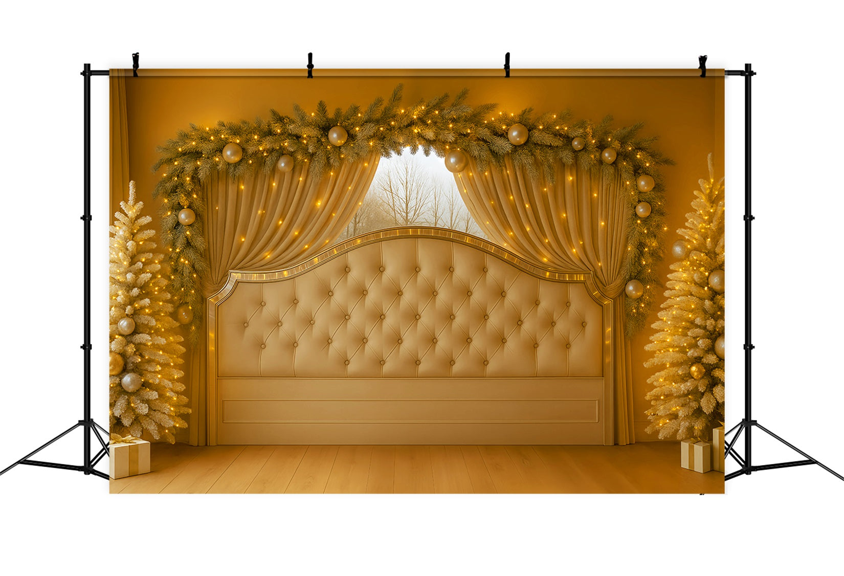 Kopfteil-Fotohintergrund Goldener Vorhang Elegantes Kopfteil Weihnachtshintergrund LXX59-181