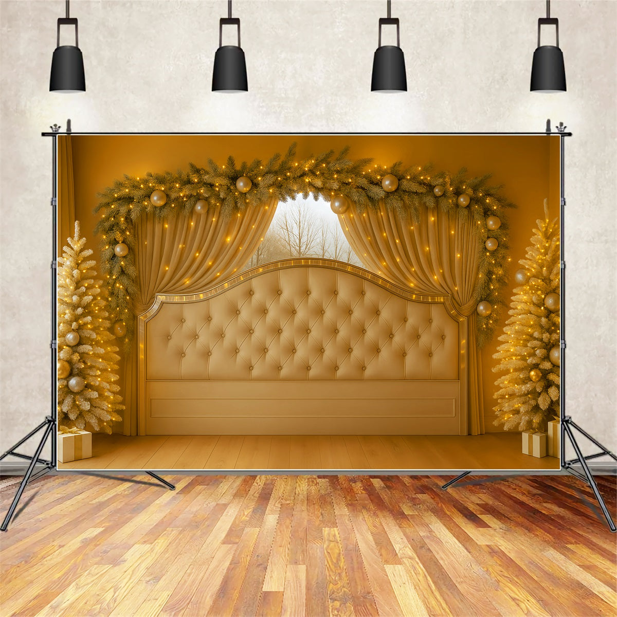 Kopfteil-Fotohintergrund Goldener Vorhang Elegantes Kopfteil Weihnachtshintergrund LXX59-181