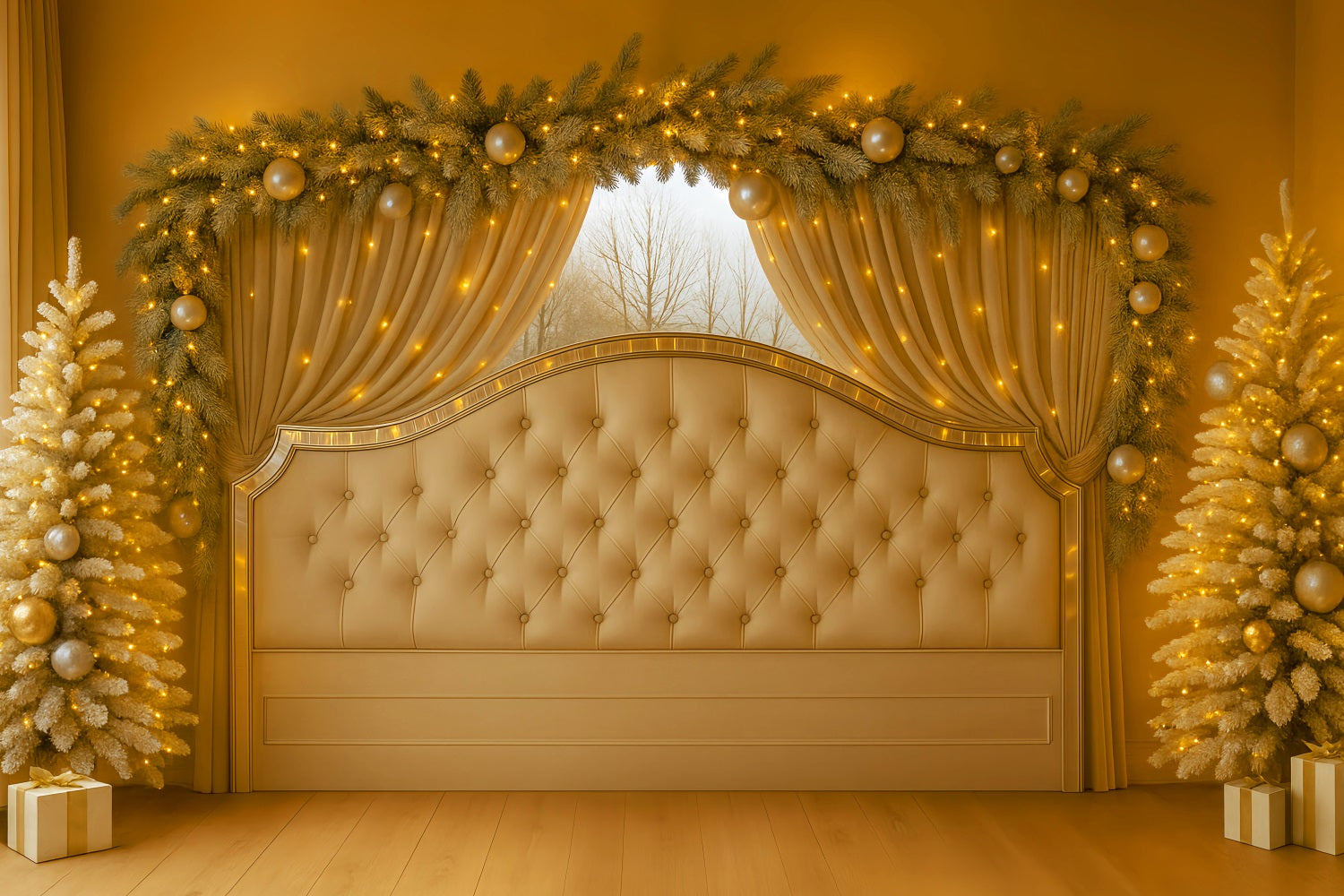 Kopfteil-Fotohintergrund Goldener Vorhang Elegantes Kopfteil Weihnachtshintergrund LXX59-181