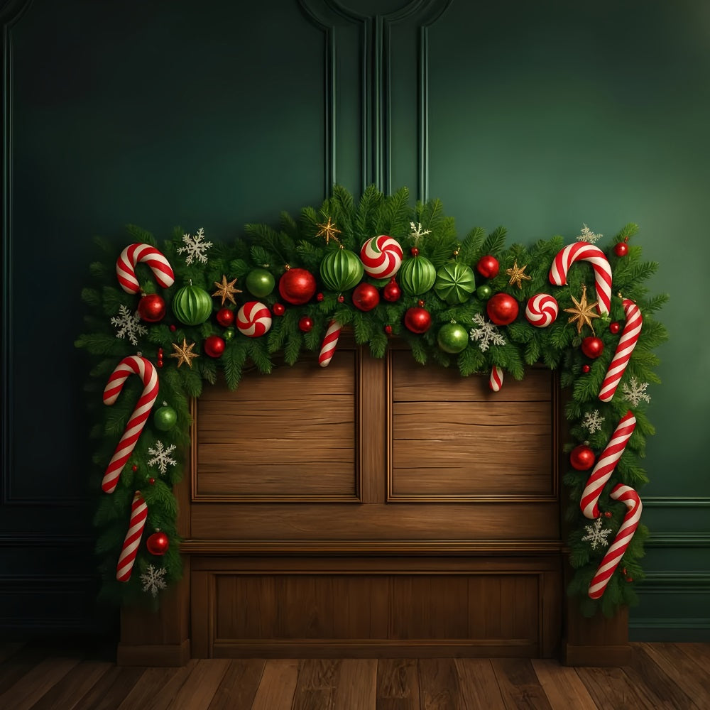 Kopfteil-Fotohintergrund Grüne Girlande Bonbon-Ornament Freude Weihnachtsfoto-Fotohintergrund LXX59-183