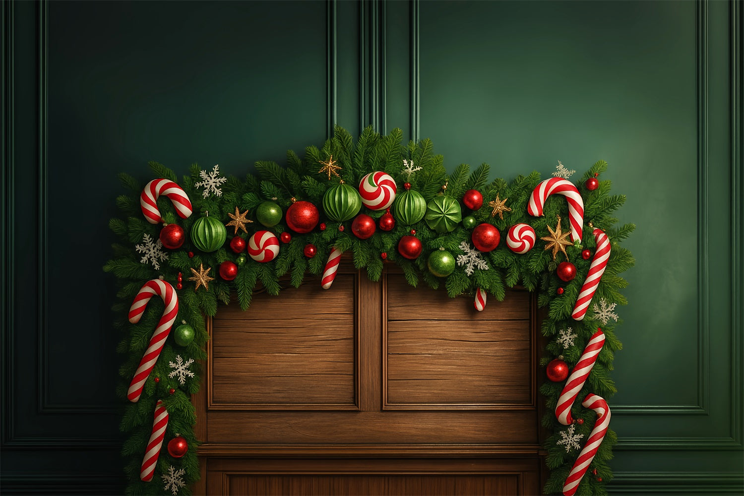 Kopfteil-Fotohintergrund Grüne Girlande Bonbon-Ornament Freude Weihnachtsfoto-Fotohintergrund LXX59-183
