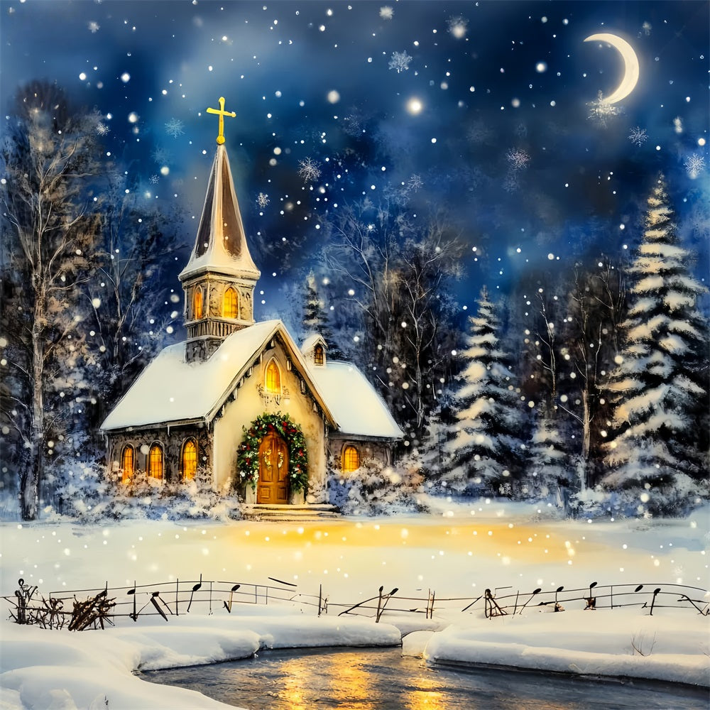 Weihnachts-Kirchenhintergrund Verschneite Winternacht Weihnachtshintergrund für Fotos LXX59-184