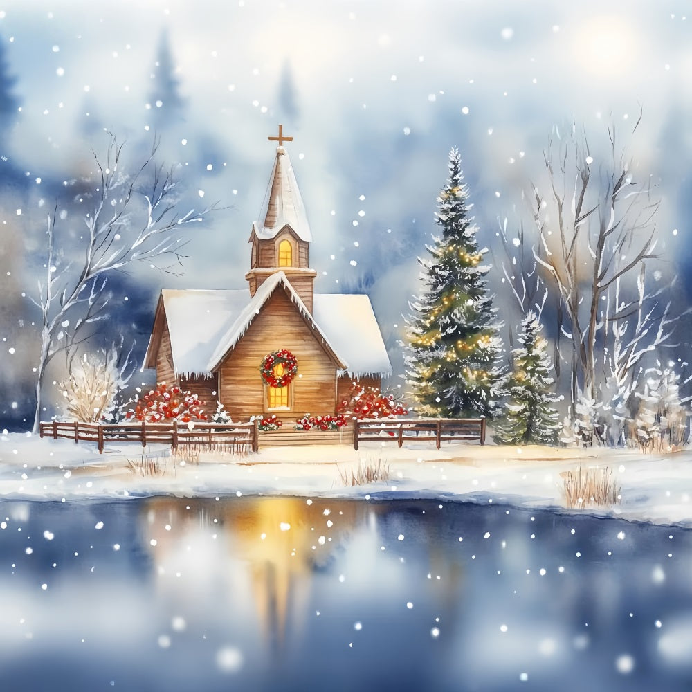 Weihnachts-Kirchenhintergrund Verschneite Kapelle Spiegelung am See Weihnachtshintergründe LXX59-185