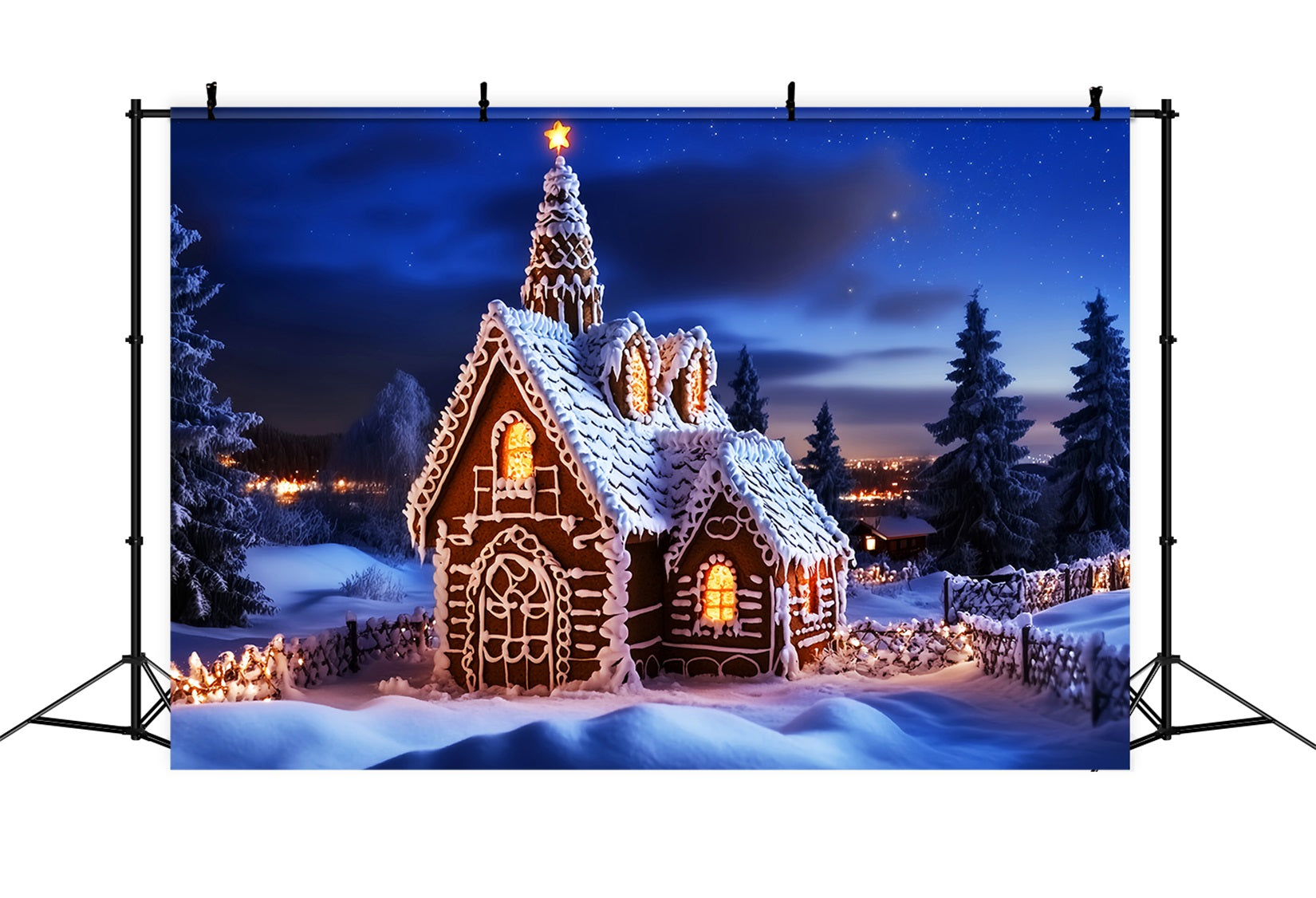 Weihnachts-Kirchenhintergrund Lebkuchenhaus Sternennacht Weihnachtshintergründe LXX59-186
