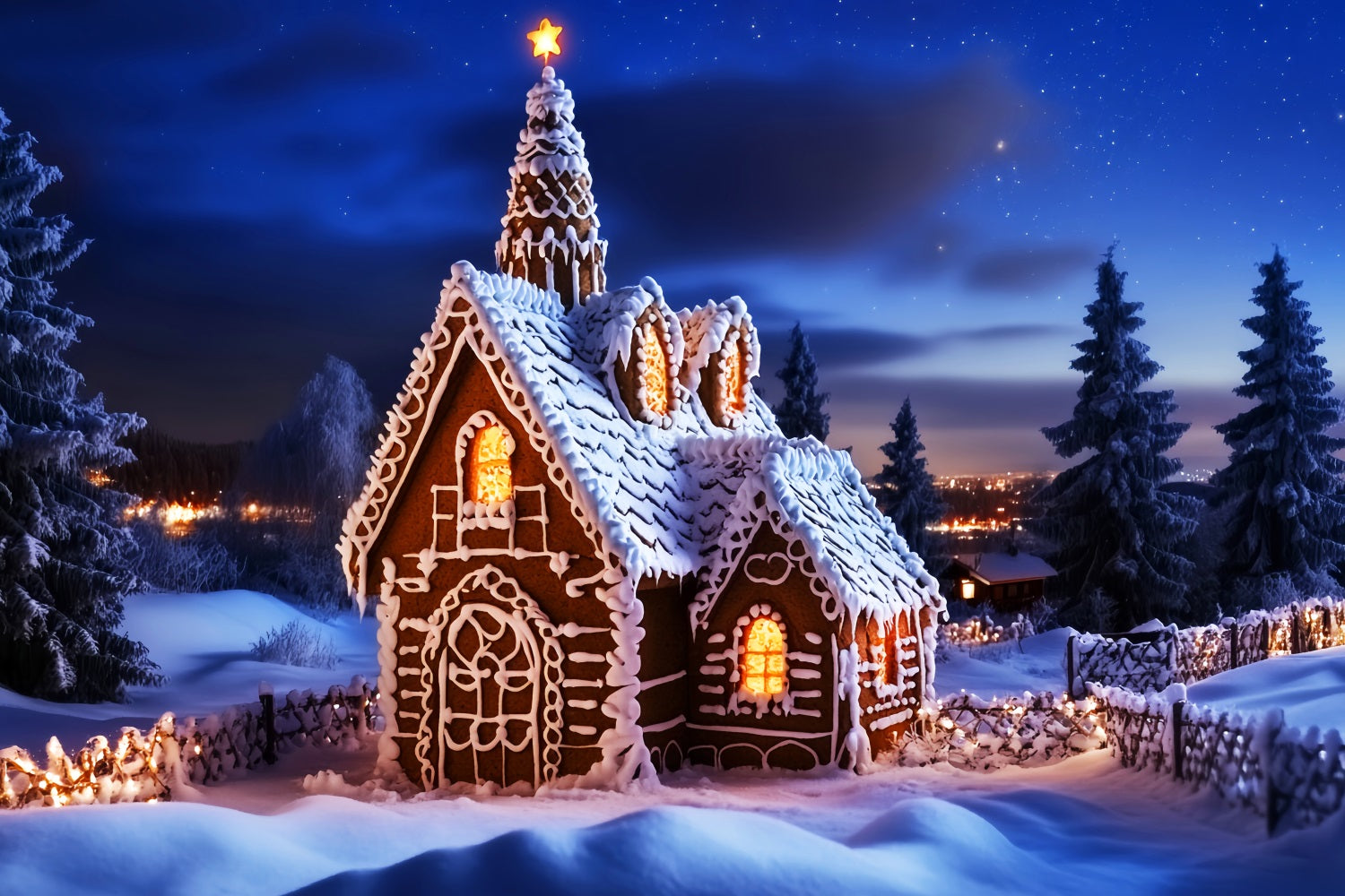 Weihnachts-Kirchenhintergrund Lebkuchenhaus Sternennacht Weihnachtshintergründe LXX59-186