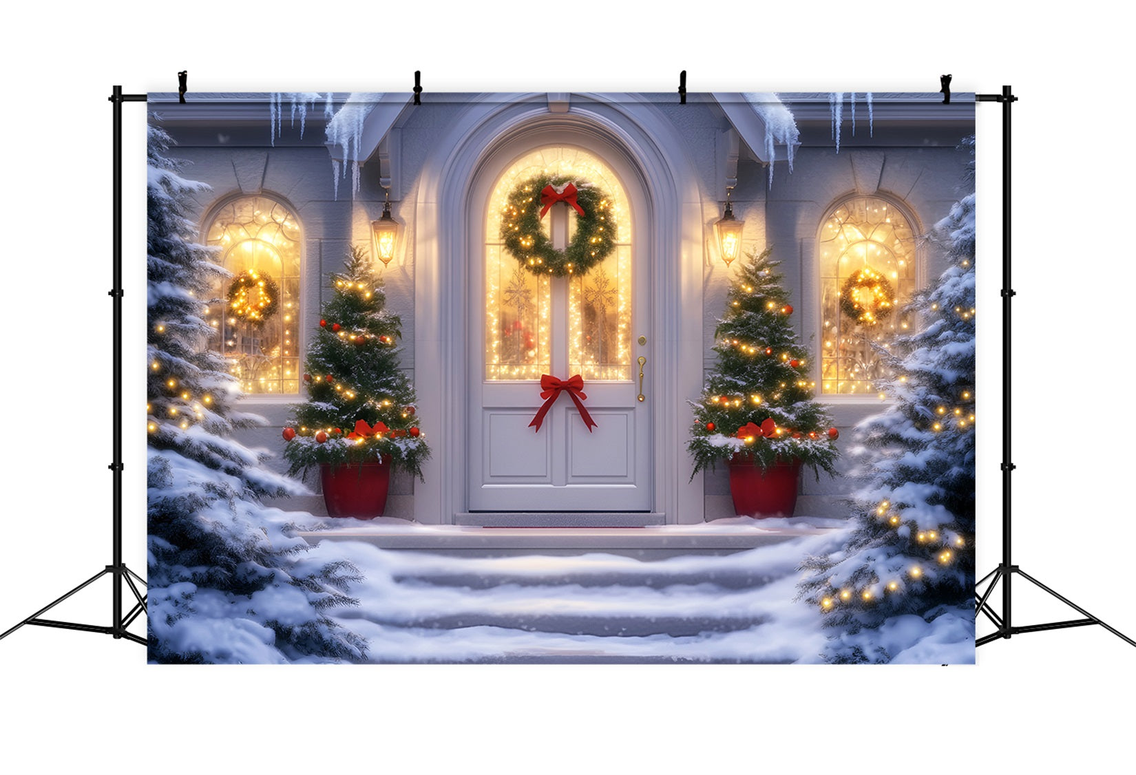 Weihnachts-Kirchenhintergrund Festlicher Türkranz Lichter Weihnachtshintergründe Verkauf LXX59-187