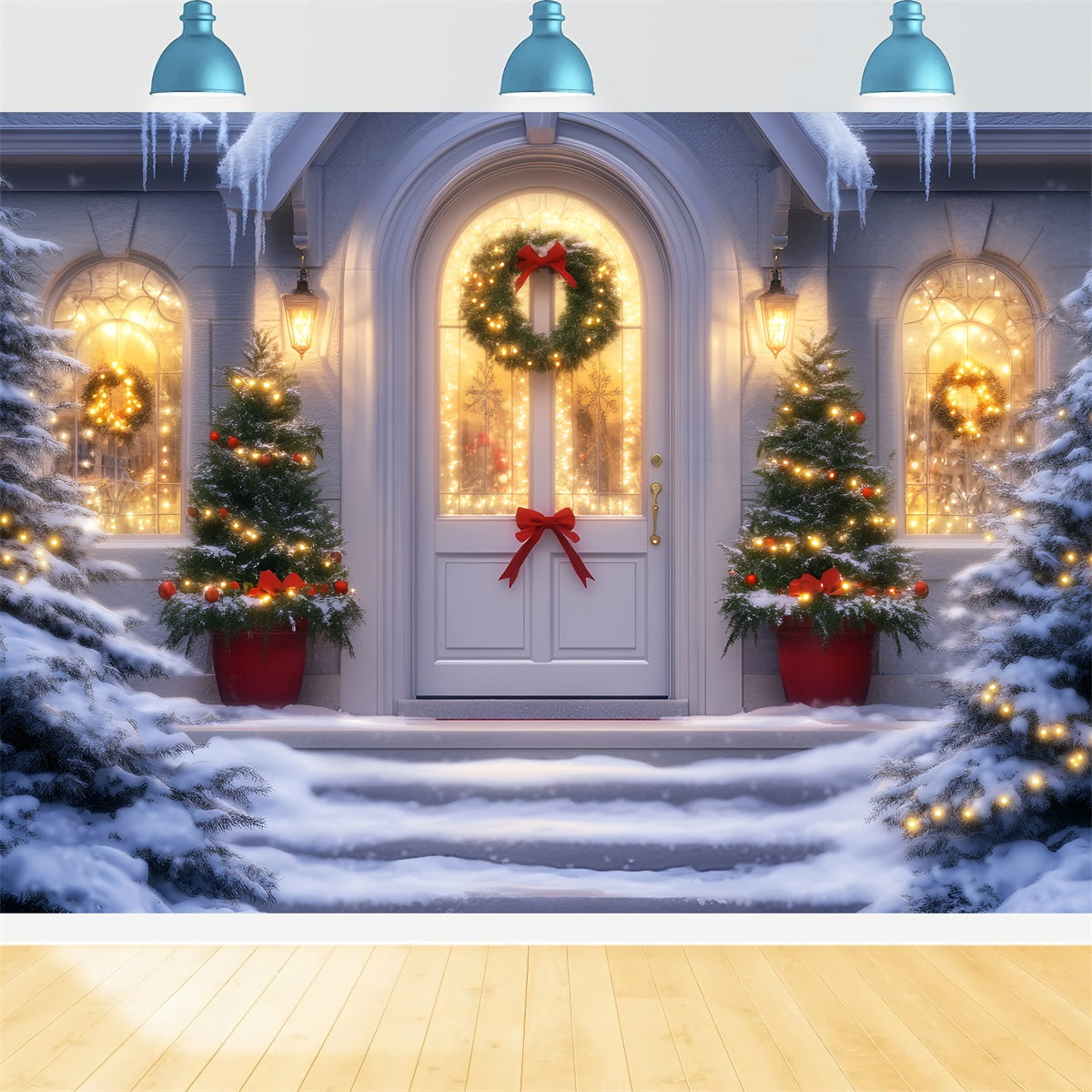 Weihnachts-Kirchenhintergrund Festlicher Türkranz Lichter Weihnachtshintergründe Verkauf LXX59-187