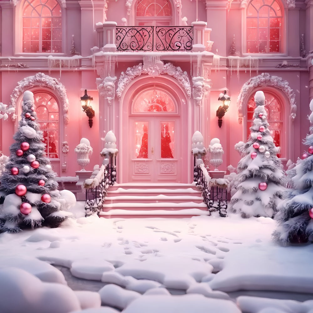 Spielzeugladen-Fotohintergrund Weihnachtsladen Verschneiter Eingang Rosa Weihnachtshintergrund LXX59-190