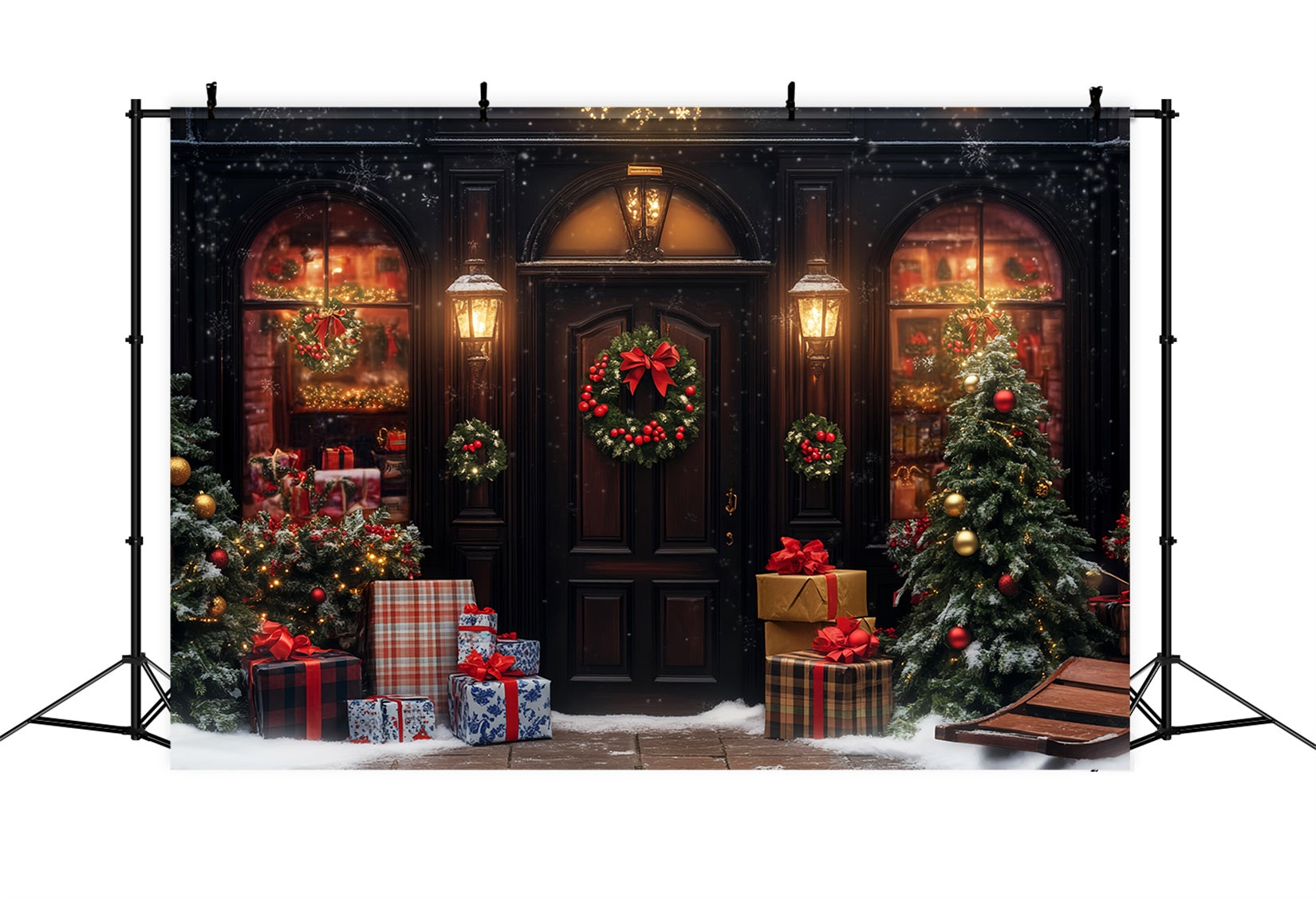 Weihnachtsdorf-Fotohintergrund Warme Lichter Verschneiter Eingang Weihnachtsfoto-Fotohintergrund LXX59-193