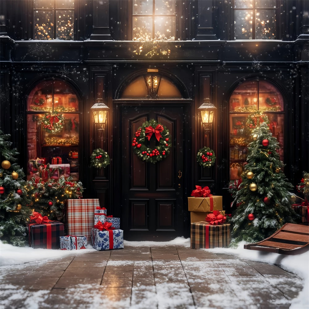 Weihnachtsdorf-Fotohintergrund Warme Lichter Verschneiter Eingang Weihnachtsfoto-Fotohintergrund LXX59-193