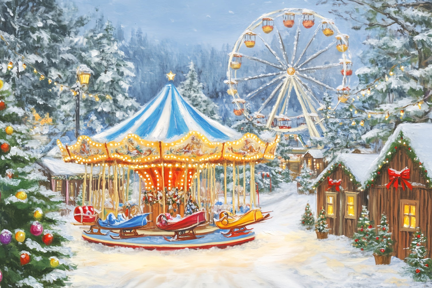 Weihnachtsdorf-Fotohintergrund Winterkarneval Karusselllichter Weihnachtsfoto-Fotohintergrund LXX59-194