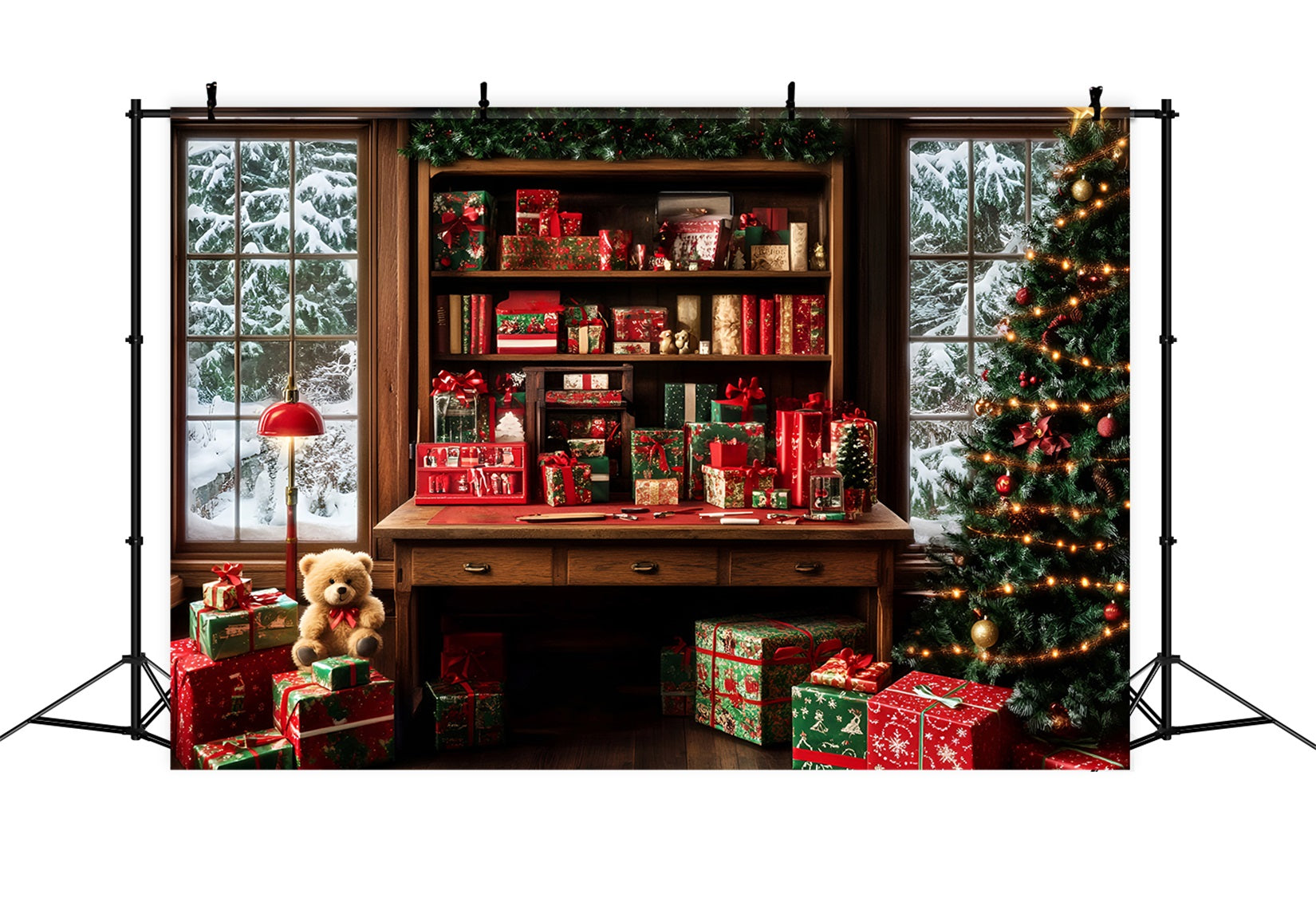 Weihnachtsmann-Fotohintergrund Geschenkverpackung Gemütliches Arbeitszimmer Weihnachtshintergründe für Fotos LXX59-195
