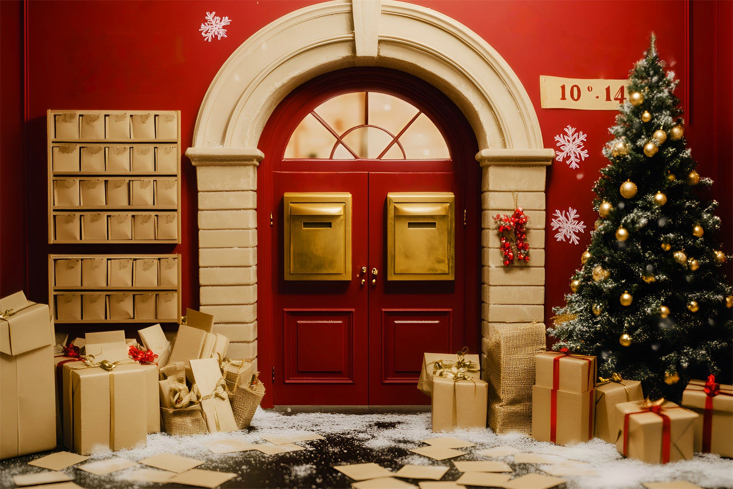 Weihnachtsmann-Fotohintergrund Goldener Briefkasten Feiertagstür Weihnachtsfoto-Hintergründe LXX59-196