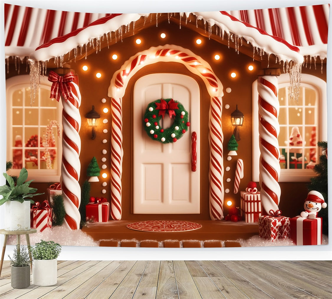 Lebkuchenhaus-Fotohintergrund Zuckerstange Lebkuchen Veranda Weihnachtshintergründe LXX59-197