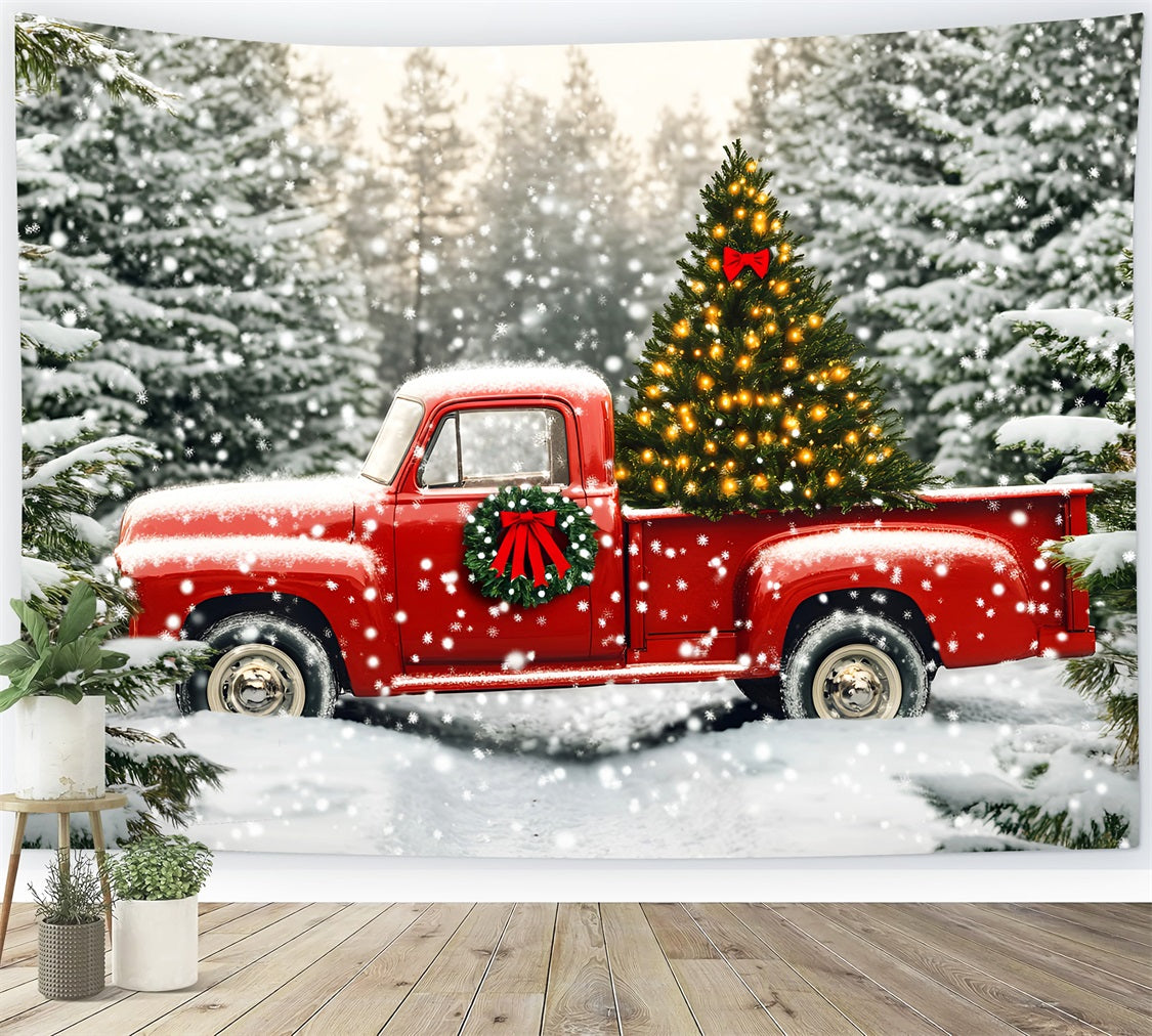 Baumfarm-Kulisse Roter Lkw Verschneiter Weihnachtsbaum Weihnachtskulissen-Ideen LXX59-199