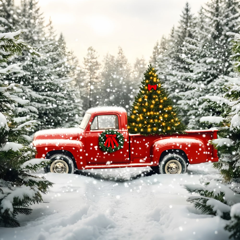 Baumfarm-Kulisse Roter Lkw Verschneiter Weihnachtsbaum Weihnachtskulissen-Ideen LXX59-199