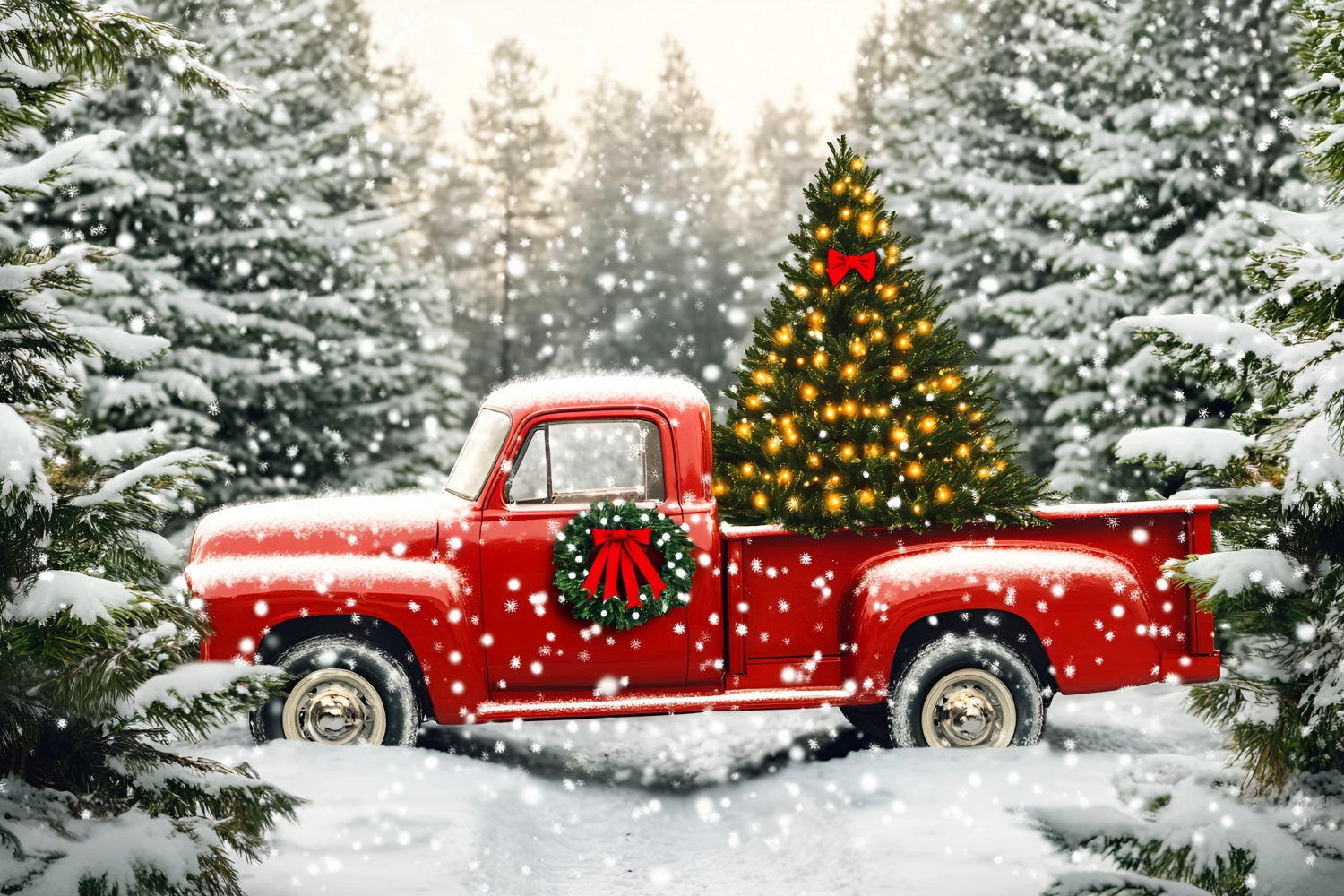 Baumfarm-Kulisse Roter Lkw Verschneiter Weihnachtsbaum Weihnachtskulissen-Ideen LXX59-199