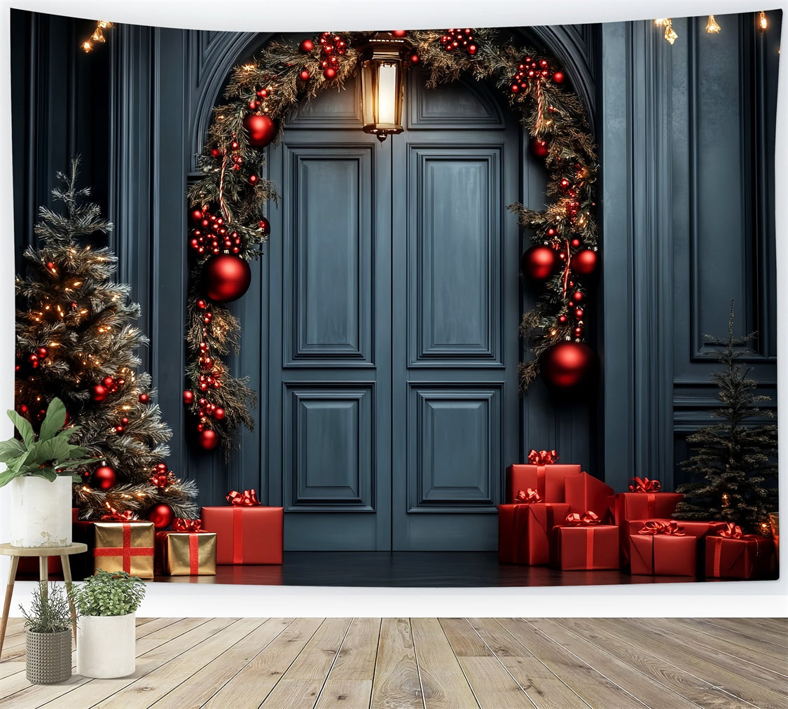 Roter Weihnachtshintergrund Elegante Türgirlande Professionelle Weihnachtshintergründe LXX59-201