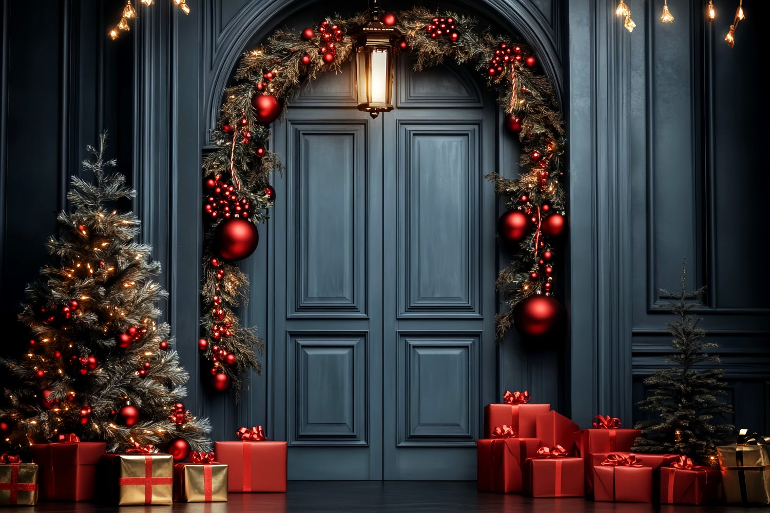 Roter Weihnachtshintergrund Elegante Türgirlande Professionelle Weihnachtshintergründe LXX59-201
