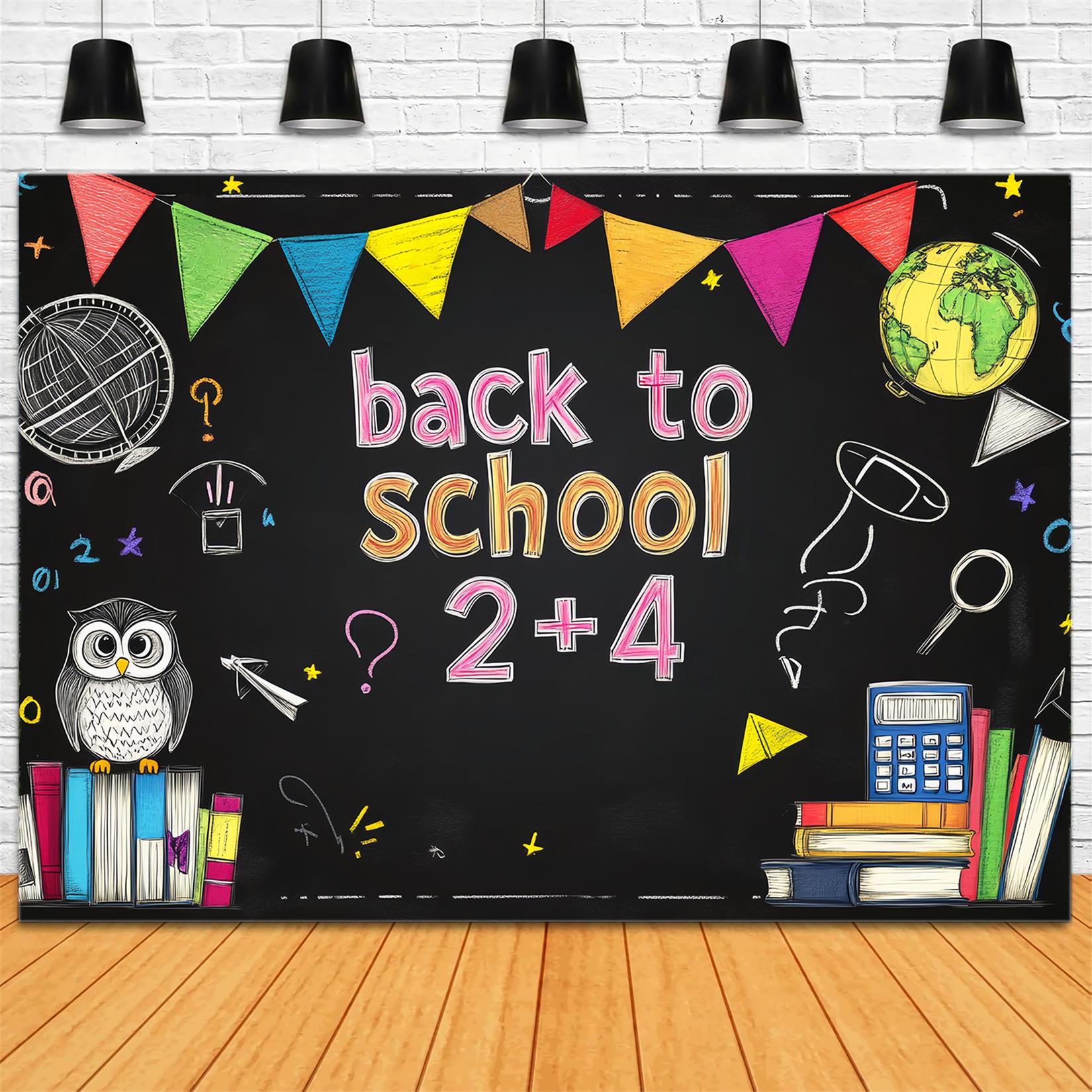 Zurück zur Schule Fotohintergrund Bunte Tafel Mathematik-Symbole Schulfoto-Fotohintergrund LXX59-205