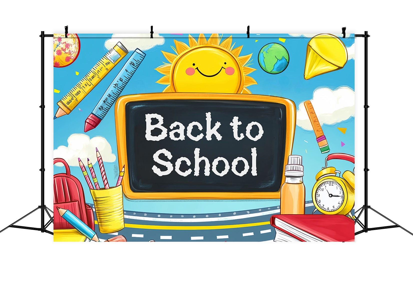 Fotohintergrund für den Schulanfang Cartoon-Tafel Sonne Schulbedarf Vorschul-Fotohintergründe LXX59-208