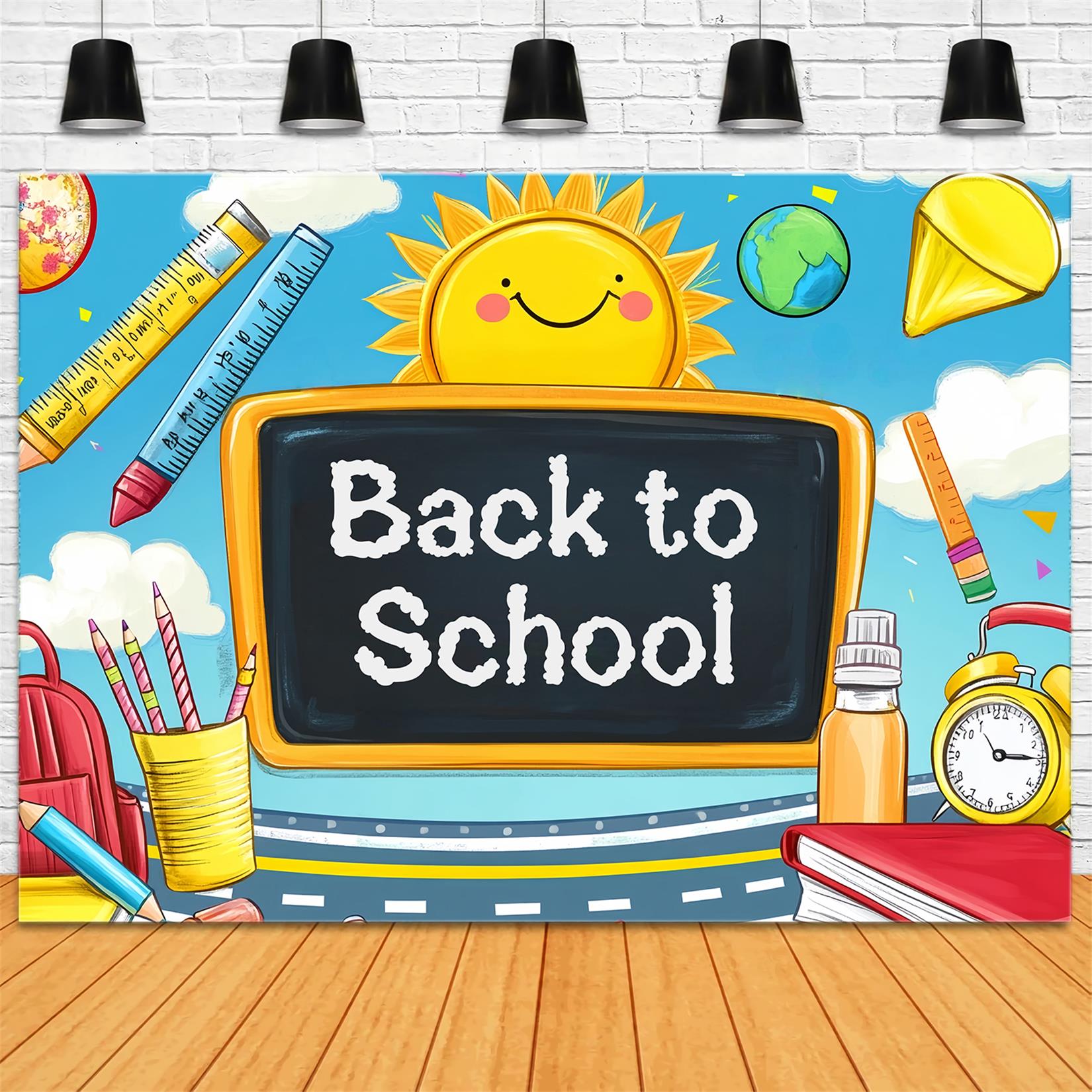 Fotohintergrund für den Schulanfang Cartoon-Tafel Sonne Schulbedarf Vorschul-Fotohintergründe LXX59-208