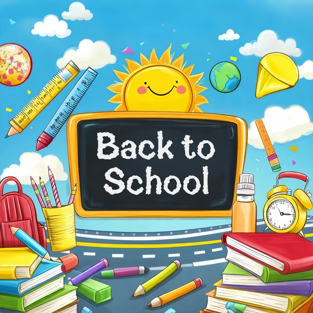 Fotohintergrund für den Schulanfang Cartoon-Tafel Sonne Schulbedarf Vorschul-Fotohintergründe LXX59-208