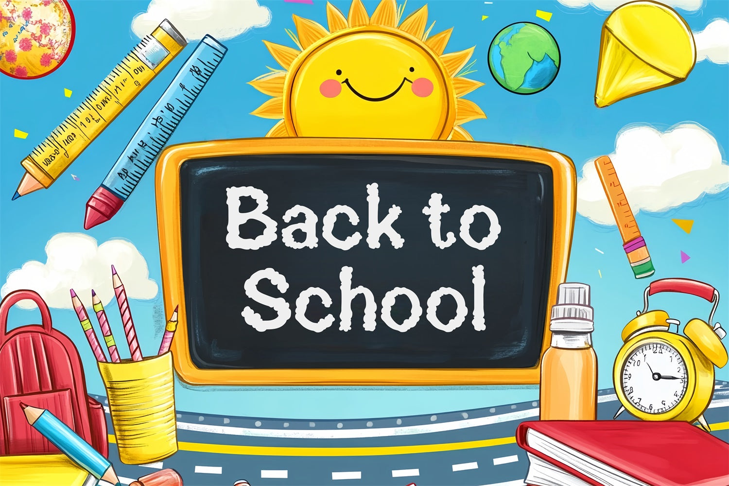 Fotohintergrund für den Schulanfang Cartoon-Tafel Sonne Schulbedarf Vorschul-Fotohintergründe LXX59-208