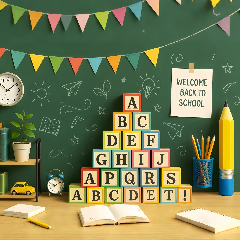 Fotohintergrund für den Schulanfang Grüne Tafel Alphabet-Blöcke Vorschul-Fotohintergrund LXX59-211