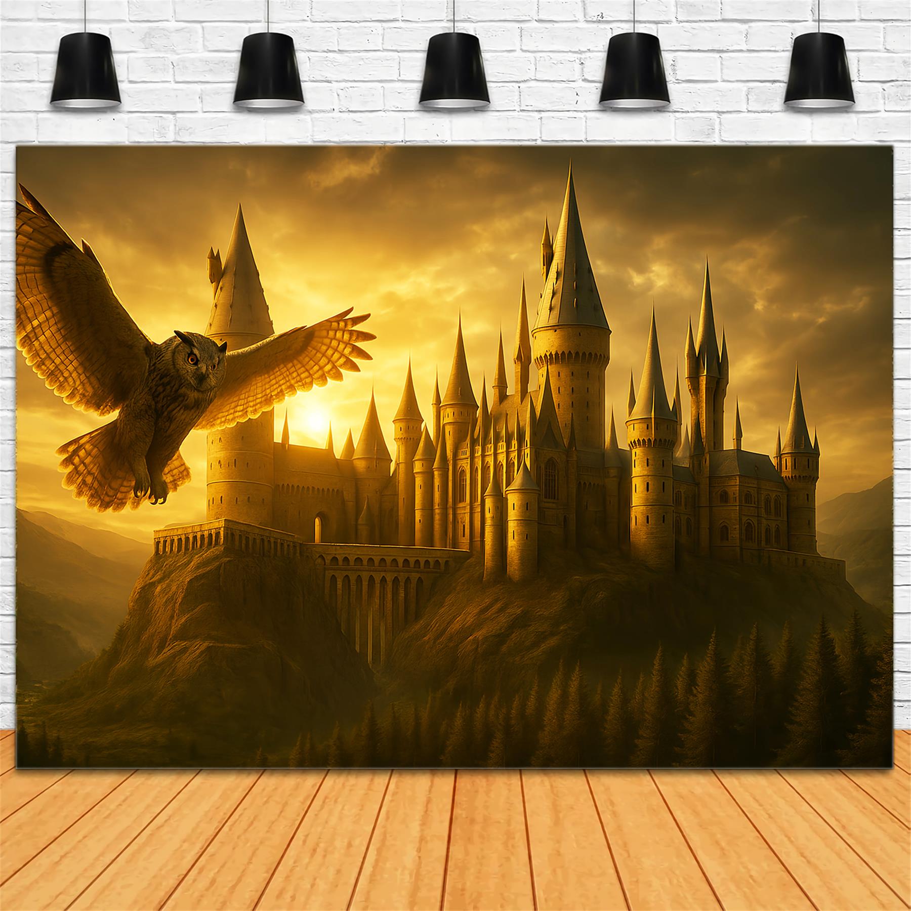 Fotohintergrund für den Schulanfang Goldenes Schloss Fliegende Eule Schulfoto-Fotohintergrund LXX59-213