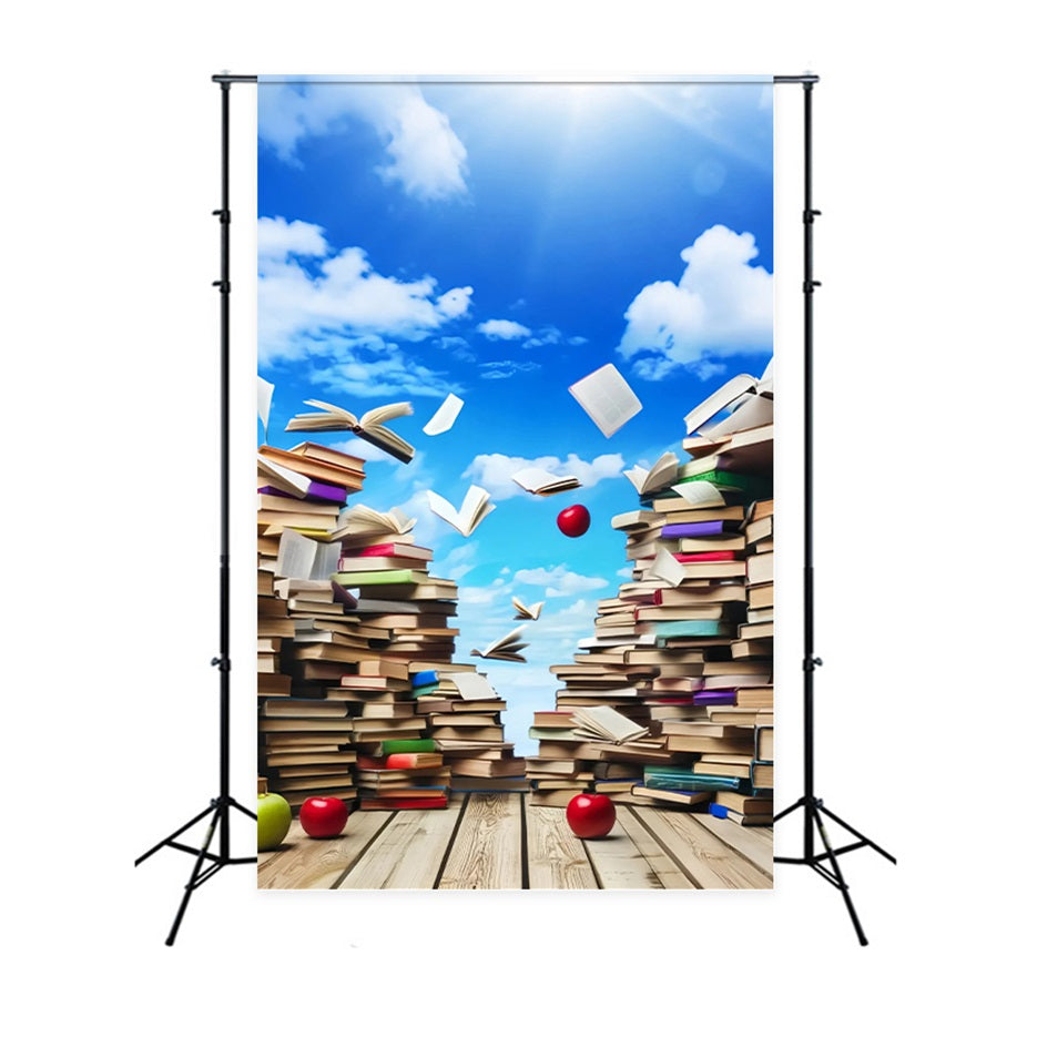 Schulhintergrund Himmel Schwebende Bücher Äpfel Zurück zur Schule Fotohintergrund LXX59-215