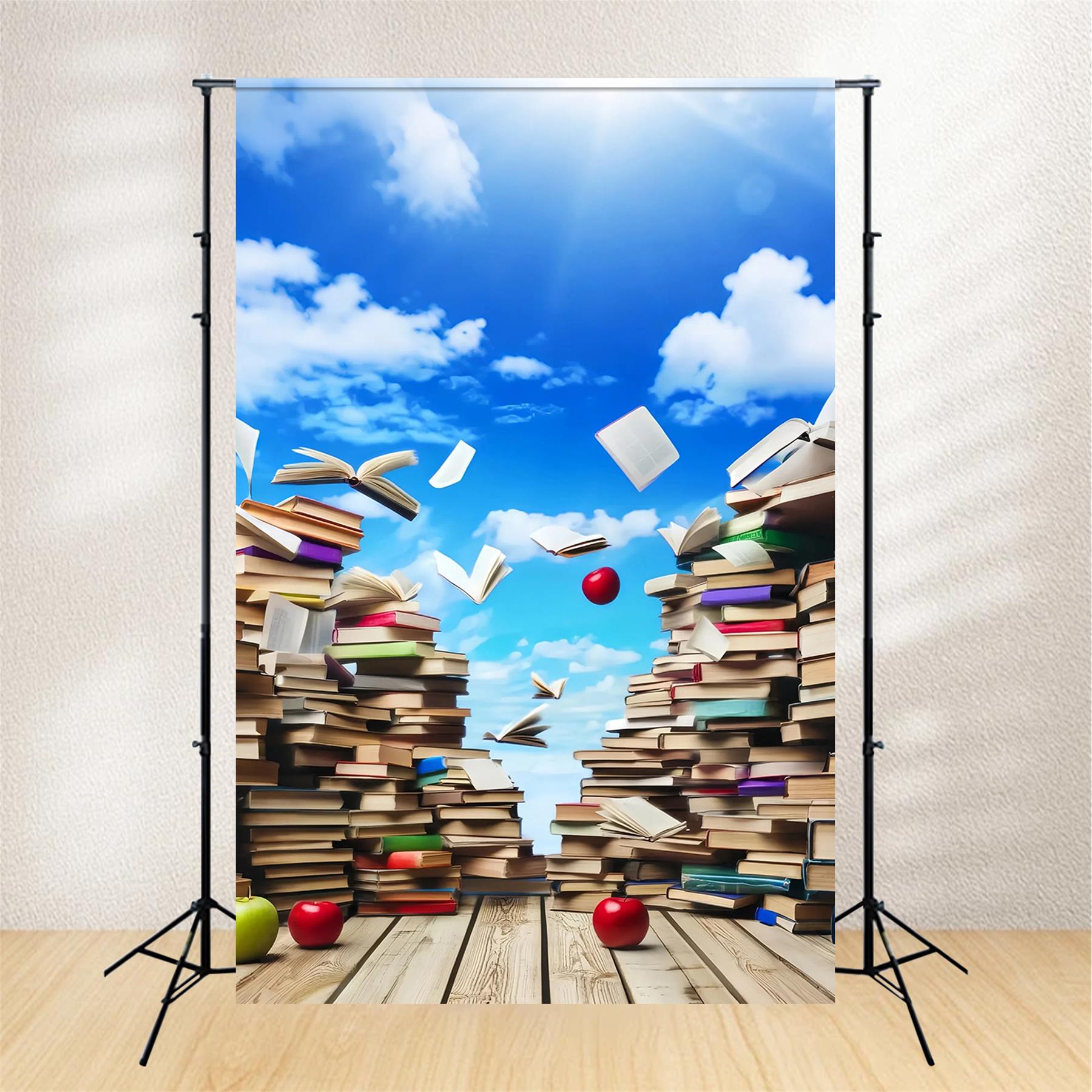 Schulhintergrund Himmel Schwebende Bücher Äpfel Zurück zur Schule Fotohintergrund LXX59-215