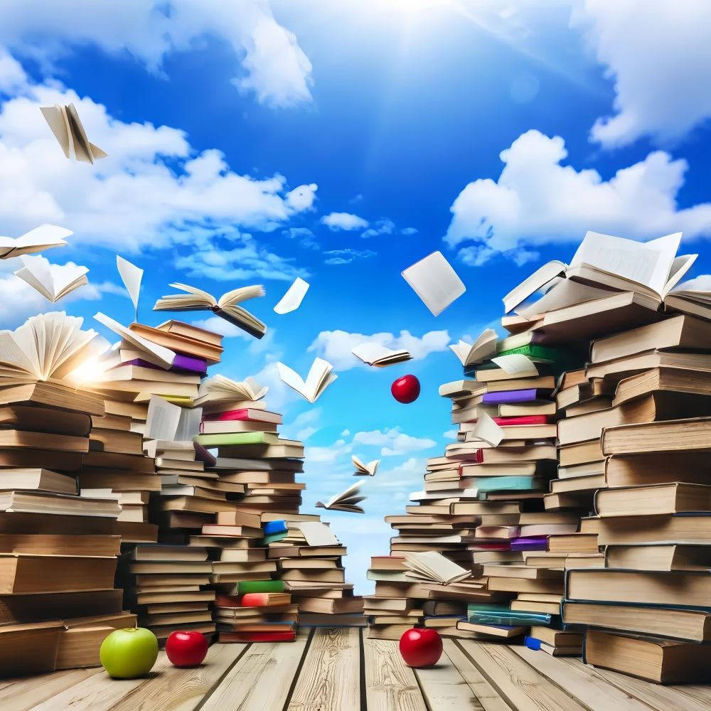 Schulhintergrund Himmel Schwebende Bücher Äpfel Zurück zur Schule Fotohintergrund LXX59-215
