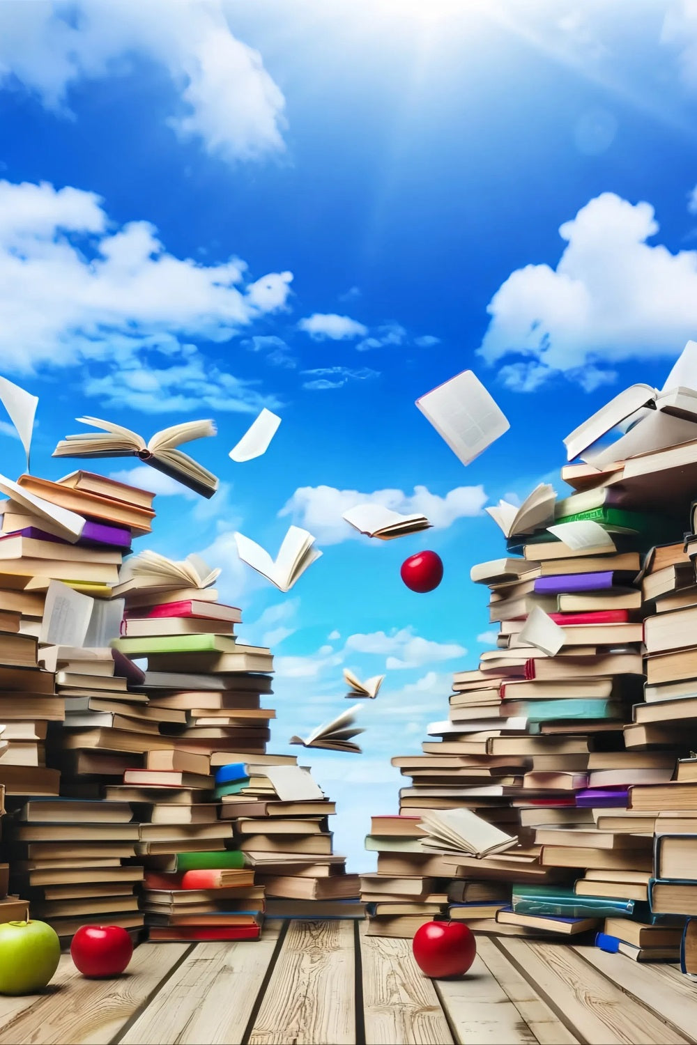 Schulhintergrund Himmel Schwebende Bücher Äpfel Zurück zur Schule Fotohintergrund LXX59-215