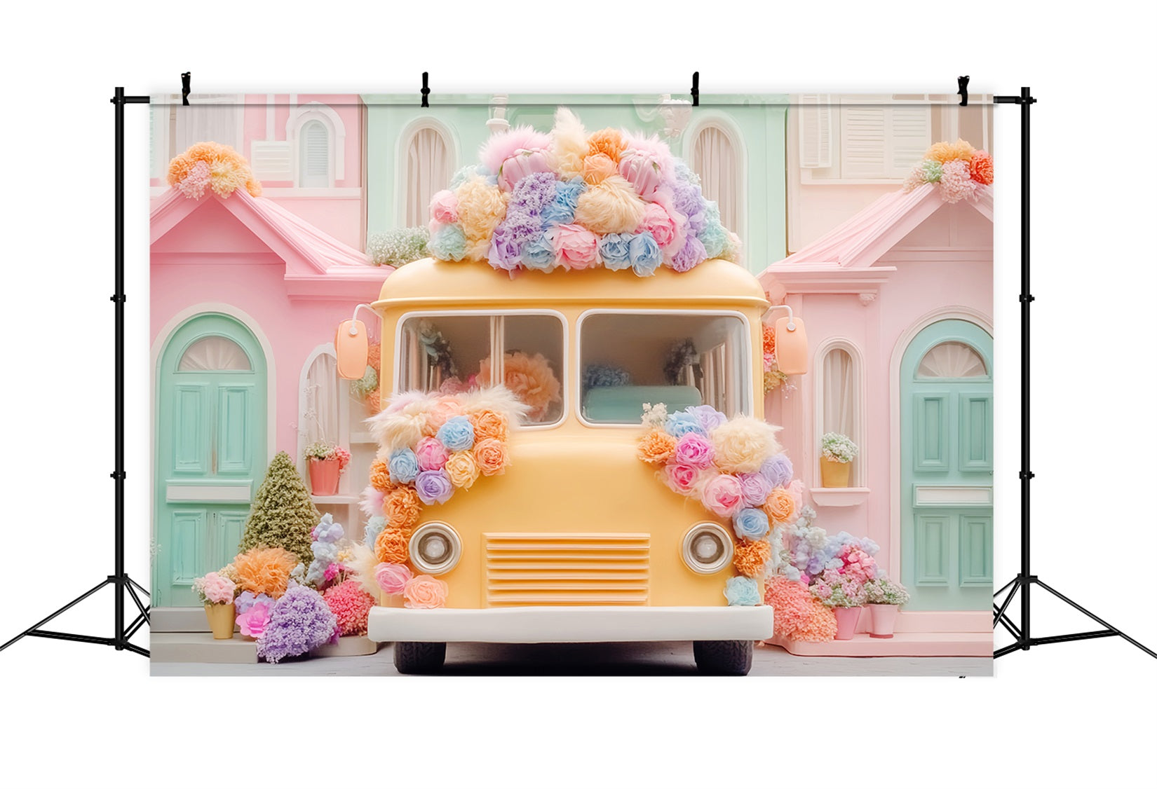 Schulbus-Fotohintergrund Pastellfarbener Schulbus Blumen Zurück zur Schule-Studiohintergründe LXX59-220
