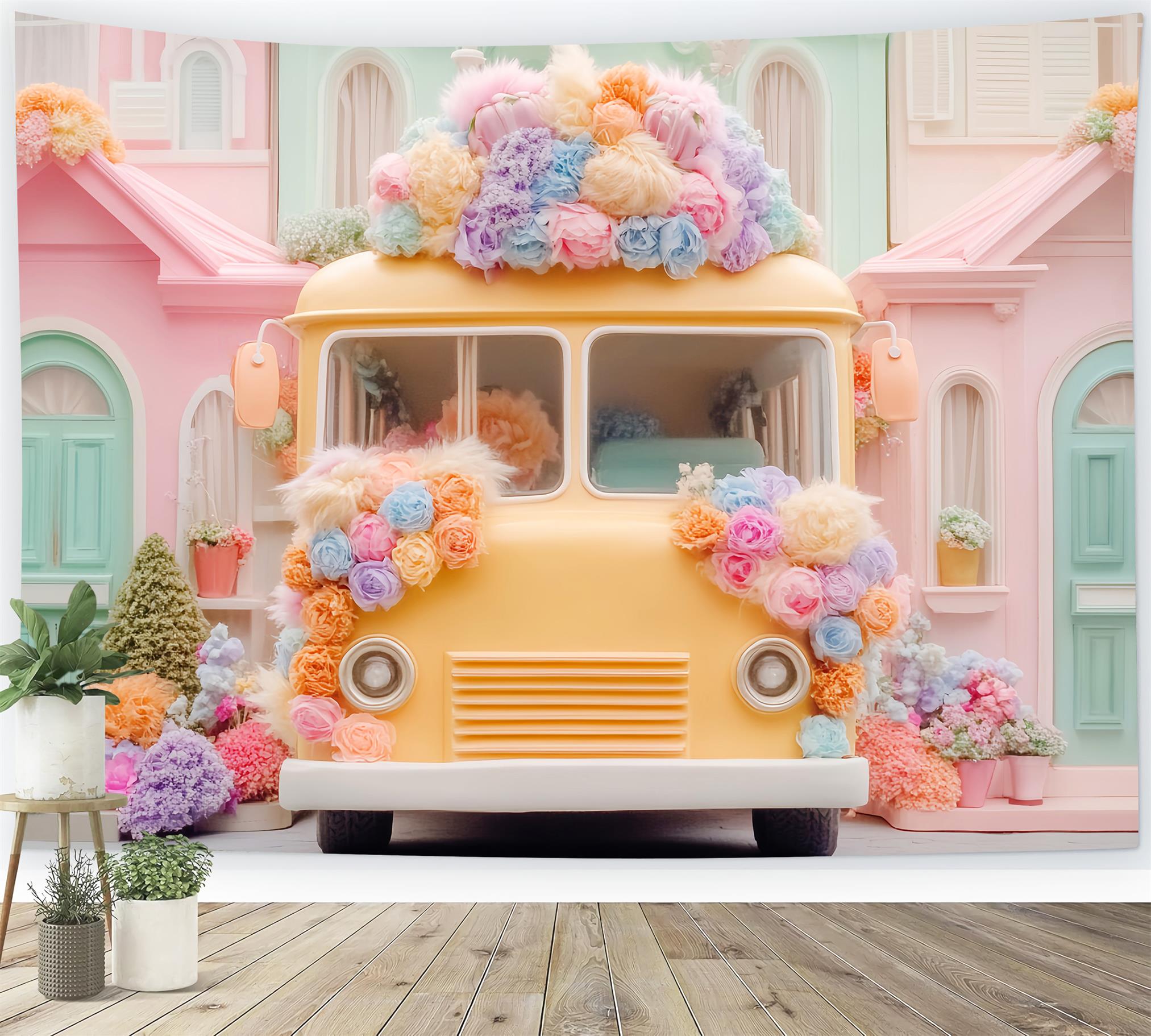 Schulbus-Fotohintergrund Pastellfarbener Schulbus Blumen Zurück zur Schule-Studiohintergründe LXX59-220