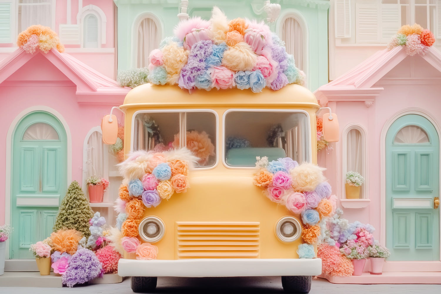 Schulbus-Fotohintergrund Pastellfarbener Schulbus Blumen Zurück zur Schule-Studiohintergründe LXX59-220