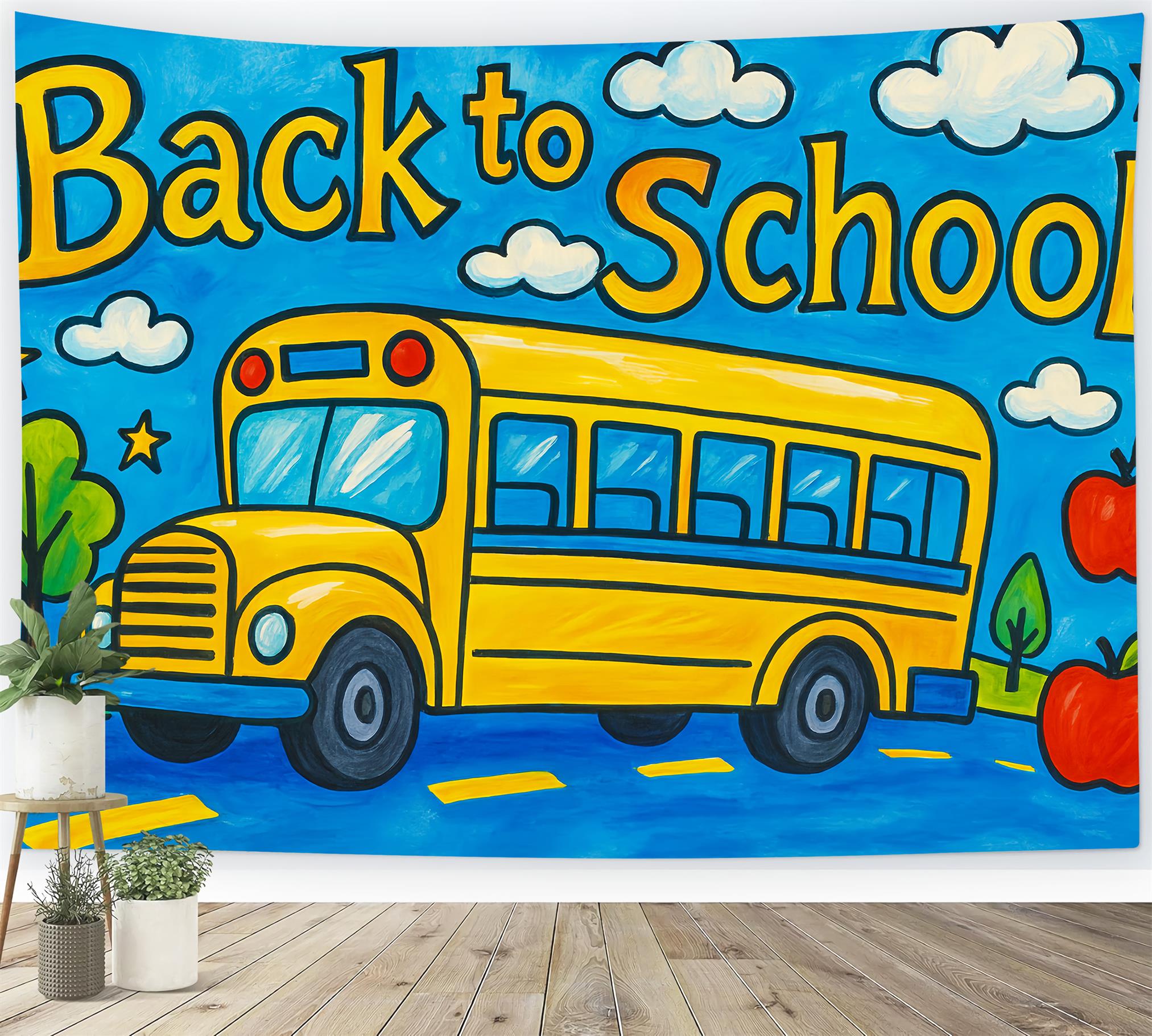 Schulbus-Fotohintergrund Gelber Schulbus Zeichnung Zurück zur Schule-Fotohintergrund LXX59-222