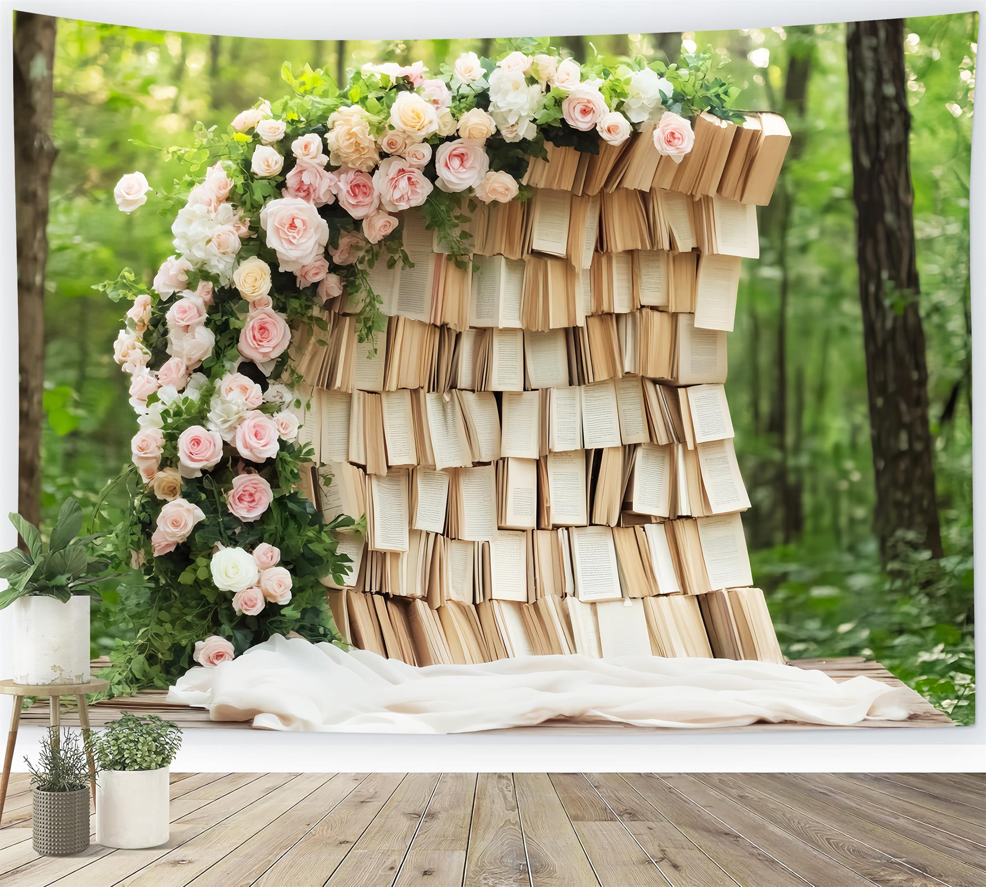 Studiohintergründe für den Schulanfang Rustikale Bücherwand Blumenbogen Schulfoto-Studiohintergründe LXX59-224