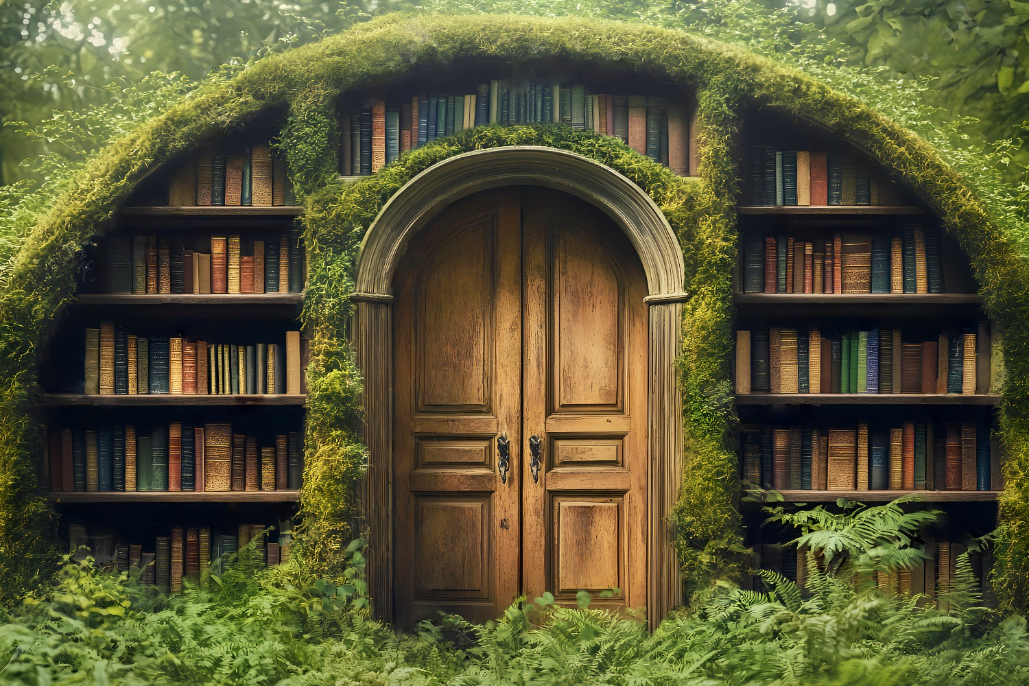 Studiohintergründe für den Schulanfang Moosbewachsene Tür Versteckte Bibliothek Schulfoto-Fotohintergrund LXX59-226