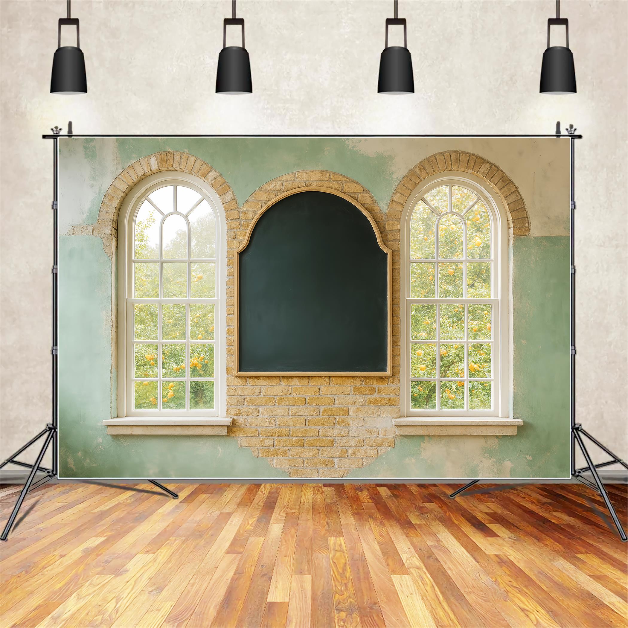 Studiohintergründe für den Schulanfang Kreidetafel Bogenfenster Wand Schulklassenzimmer-Fotohintergrund LXX59-229